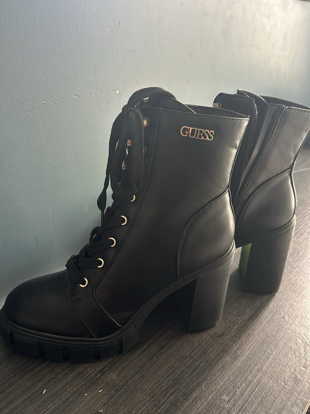GUESS Black Lace-Up Chunky Heel Ankle Boots with Gold Logo
